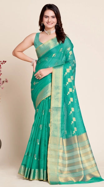 Mayawye Women's Silk Blend Printed Banarasi Saree With Unstitched Blouse (5.5Mtr, Rama Green)
