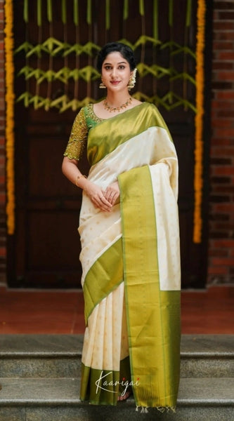 Mayawye Women's Silk Blend Self Design Banarasi Saree With Unstitched Blouse (5.5Mtr, White Green)