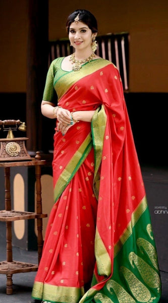 Mayawye Women's Silk Blend Self Design Banarasi Saree With Unstitched Blouse (5.5Mtr, Red Green)