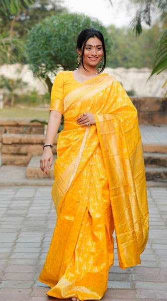 Mayawye Women's Silk Blend Self Design Banarasi Saree With Unstitched Blouse (5.5Mtr, Yellow)