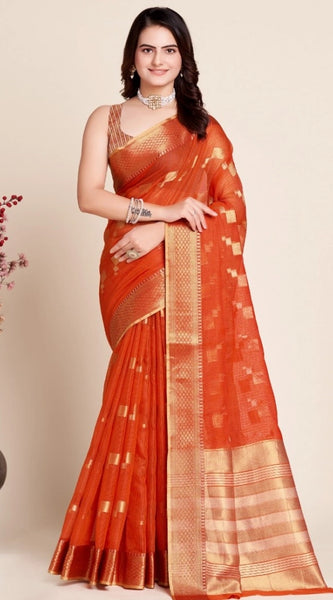 Mayawye Women's Silk Blend Printed Banarasi Saree With Unstitched Blouse (5.5Mtr, Red)