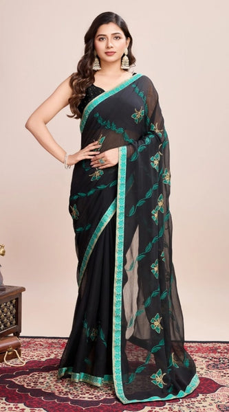 Mayawye Women's Georgette Printed Saree With Unstitched Blouse (5.5Mtr, Rama)