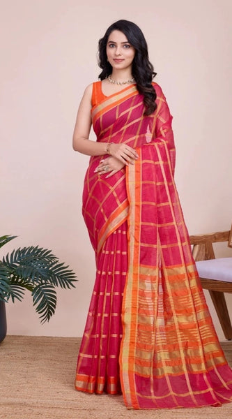 Mayawye Women's Cotton Silk Checkered Kota Doria Saree With Unstitched Blouse (5.5Mtr, Red)