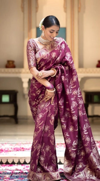 Mayawye Women's Art Silk Embellished Kanjivaram Saree With Unstitched Blouse (5.5Mtr, Purple)