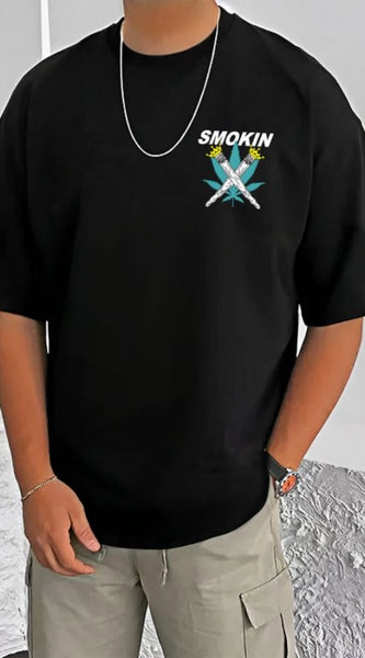 Mayawye Men's Casual Cotton Blend Printed Round Neck Half Sleeve T-Shirt (Black)