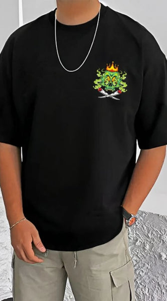 Mayawye Men's Casual Cotton Blend Printed Round Neck Half Sleeve T-Shirt (Black)