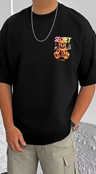 Mayawye Men's Casual Cotton Blend Printed Round Neck Half Sleeve T-Shirt (Black)