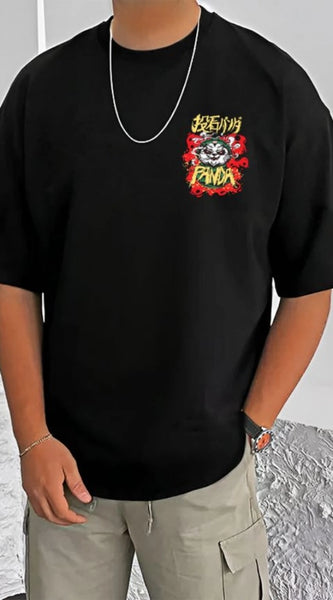 Mayawye Men's Casual Cotton Blend Printed Round Neck Half Sleeve T-Shirt (Black)