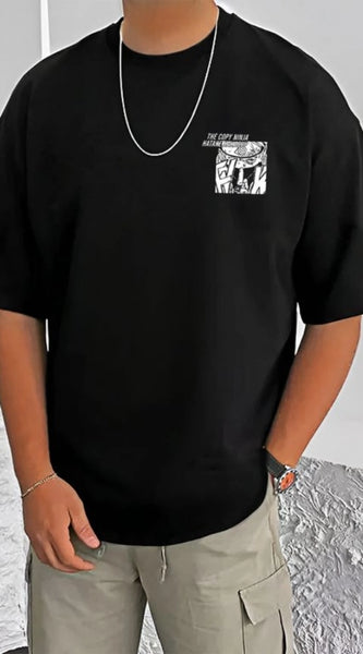 Mayawye Men's Casual Cotton Blend Printed Round Neck Half Sleeve T-Shirt (Black)