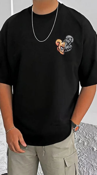 Mayawye Men's Casual Cotton Blend Printed Round Neck Half Sleeve T-Shirt (Black)