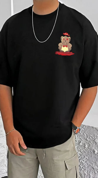 Mayawye Men's Casual Cotton Blend Printed Round Neck Half Sleeve T-Shirt (Black)