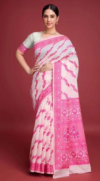 Mayawye Women's Jamdani Cotton Silk Printed Saree With Unstitched Blouse 5.5Mtr (Pink)