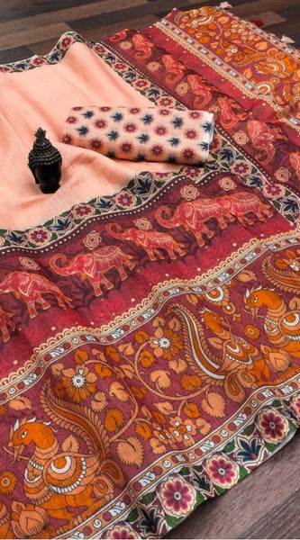 Mayawye Women's linen Digital Print Saree With Unstitched Blouse 5.5Mtr (Peach)