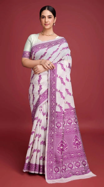 Mayawye Women's Jamdani Cotton Silk Printed Saree With Unstitched Blouse 5.5Mtr (Wine)