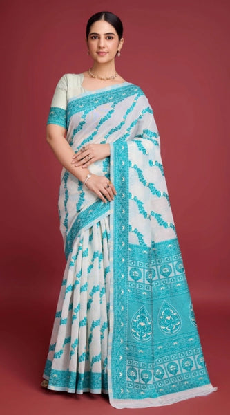 Mayawye Women's Jamdani Cotton Silk Printed Saree With Unstitched Blouse 5.5Mtr (Rama)