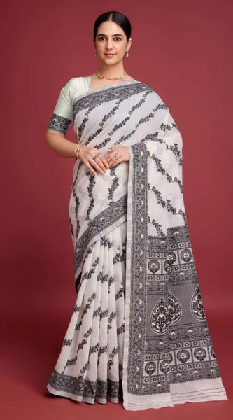 Mayawye Women's Jamdani Cotton Silk Printed Saree With Unstitched Blouse 5.5Mtr (Black)