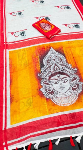 Mayawye Women's linen Digital Print Saree With Unstitched Blouse 5.5Mtr (White)