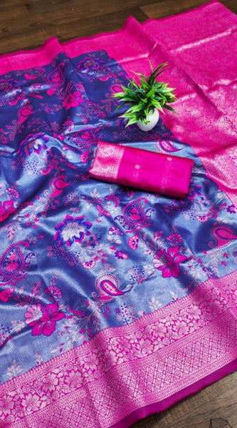 Mayawye Women's Banarasi Jacquard Printed Saree With Unstitched Blouse 5.5Mtr (Navy Blue)