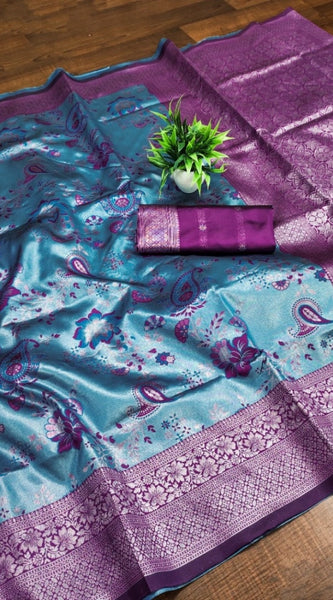 Mayawye Women's Banarasi Jacquard Printed Saree With Unstitched Blouse 5.5Mtr (Blue)