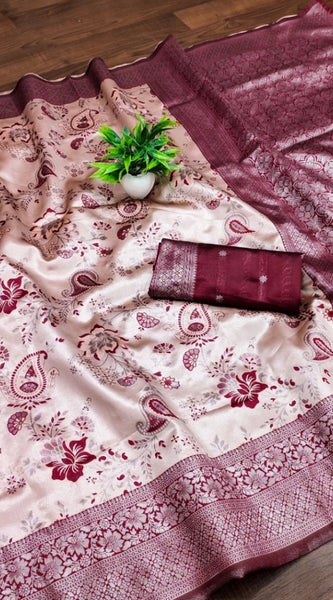 Mayawye Women's Banarasi Jacquard Printed Saree With Unstitched Blouse 5.5Mtr (Wine)