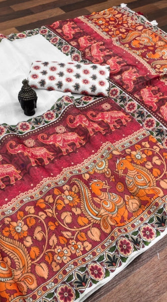 Mayawye Women's linen Digital Print Saree With Unstitched Blouse 5.5Mtr (White)