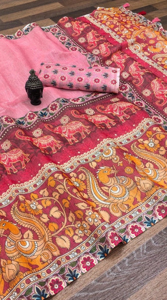 Mayawye Women's linen Digital Print Saree With Unstitched Blouse 5.5Mtr (Pink)