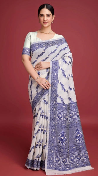 Mayawye Women's Jamdani Cotton Silk Printed Saree With Unstitched Blouse 5.5Mtr (Navy Blue)