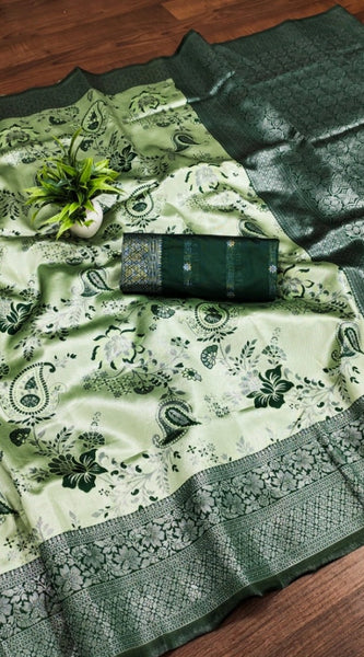 Mayawye Women's Banarasi Jacquard Printed Saree With Unstitched Blouse 5.5Mtr (Green)
