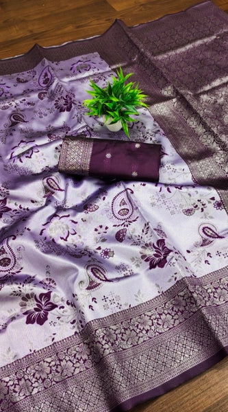 Mayawye Women's Banarasi Jacquard Printed Saree With Unstitched Blouse 5.5Mtr (Purple)