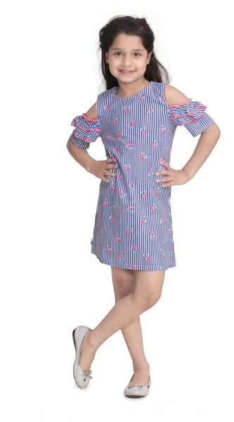 Mayawye Girl's Cotton Striped Cold Shoulder Round Neck Dress (Blue)