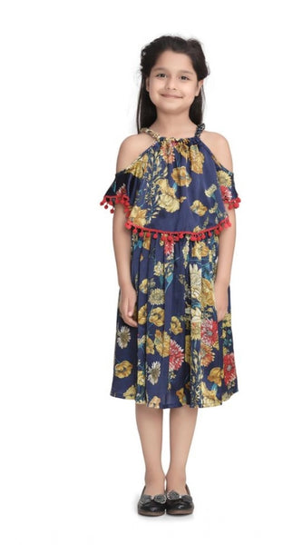 Mayawye Girl's Satin Floral Printed Cold Shoulder Round Neck Dress (Navy Blue)