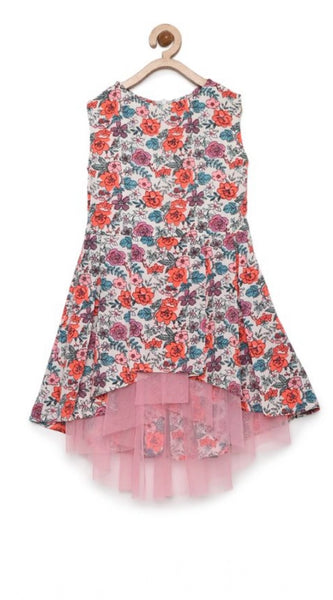 Mayawye Girl's Polyester Crepe Printed Sleeveless Round Neck Dress (Multicolor)
