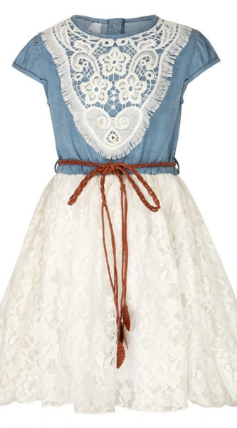 Mayawye Girl's Denim Embroidery Short Sleeve Round Neck Dress (White)