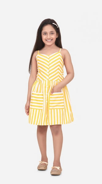 Mayawye Girl's Polyester Cotton Blend Striped Sleeveless Round Neck Dress (Yellow)
