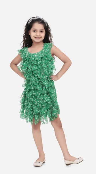 Mayawye Girl's Chiffon Ruffled Sleeveless Round Neck Dress (Green)