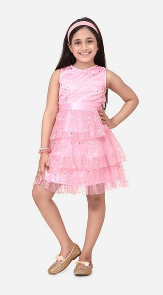 Mayawye Girl's Net Embellished Sleeveless Round Neck Dress (Pink)