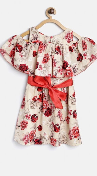 Mayawye Girl's Polyester Crepe Printed Short Sleeve Cold Shoulder Neck Dress (Cream-Red)