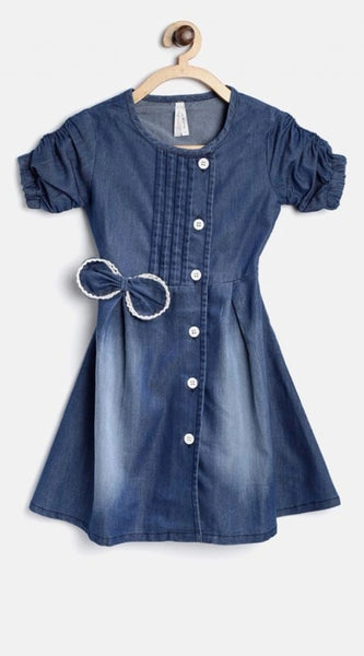Mayawye Girl's Denim Striped Sleeveless Round Neck Dress (Blue)