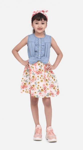 Mayawye Girl's Denim-Cotton Floral Printed Sleeveless Round Neck Dress (Multicolor)