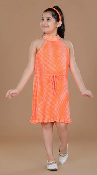Mayawye Girl's Polyester Crepe Printed Sleeveless Round Neck Dress (Orange)