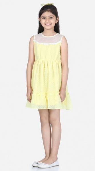 Mayawye Girl's Polyester Dobby Floral Printed Sleeveless Round Neck Dress (Yellow)