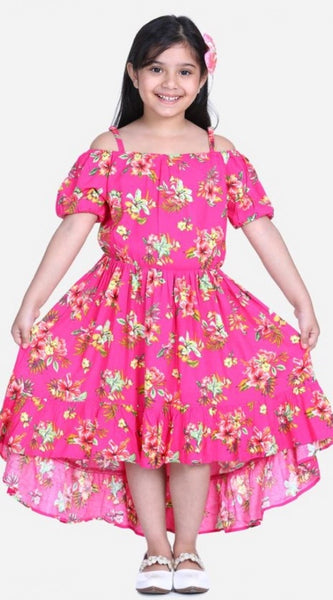 Mayawye Girl's Rayon Solid Short Sleeve Shoulder Straps Dress (Pink)