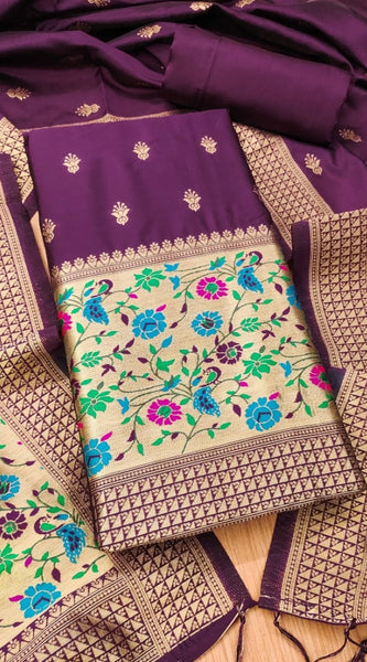 Mayawye Women's Banarasi Silk Printed Unstitched Salwar Suit Material With Dupatta (Wine, 3Mtrs)