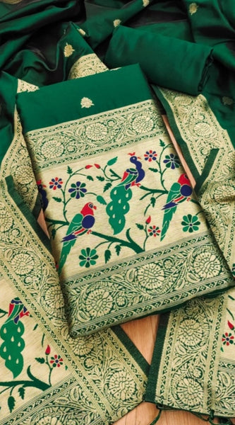 Mayawye Women's Banarasi Silk Printed Unstitched Salwar Suit Material With Dupatta (Bottle Green, 3Mtrs)