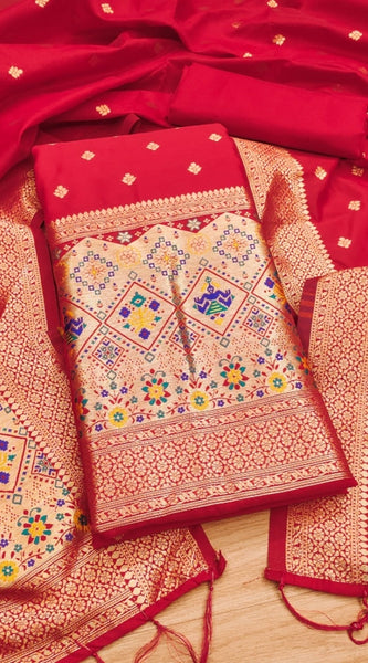 Mayawye Women's Banarasi Silk Printed Unstitched Salwar Suit Material With Dupatta (Red, 3Mtrs)