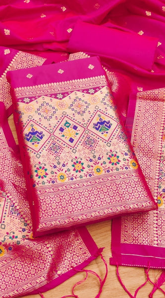 Mayawye Women's Banarasi Silk Printed Unstitched Salwar Suit Material With Dupatta (Pink, 3Mtrs)