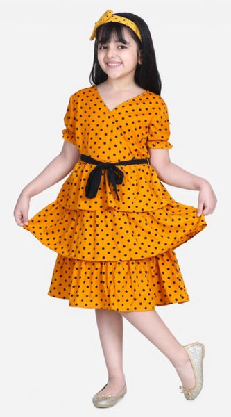 Mayawye Girl's Polyester Crepe Printed Puff V-Neck Dress (Orange)