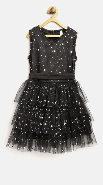 Mayawye Girl's Net Embellished Sleeveless V-Neck Dress (Black)
