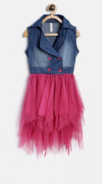 Mayawye Girl's Polyester Crepe-Net Solid Shoulder Straps Shirt collar Dress (Blue-Pink)