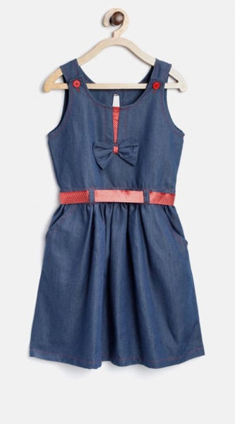 Mayawye Girl's Denim Solid Sleeveless Round Neck Dress (Blue)